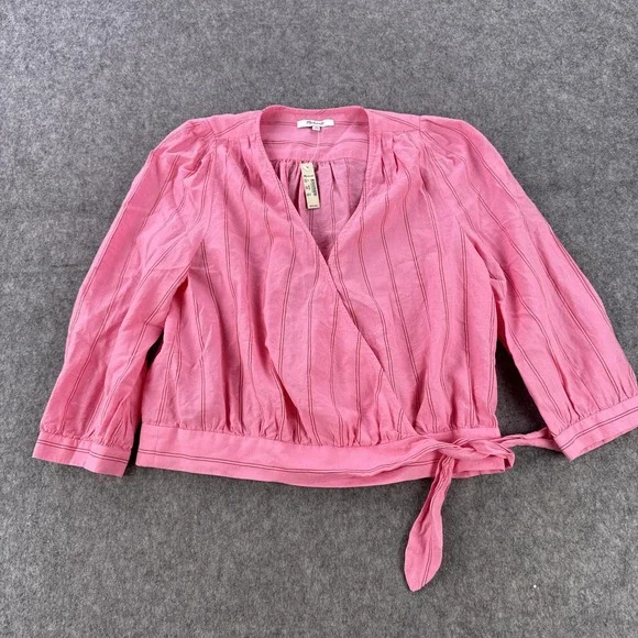 Madewell Blouse Womens Medium Pink Striped Wrap Tie Waist 3/4 Sleeve Cotton - Picture 1 of 11